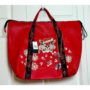 Ed Hardy Red “Love Kills Slowly” Skull Floral Print Messenger/Weekender Bag